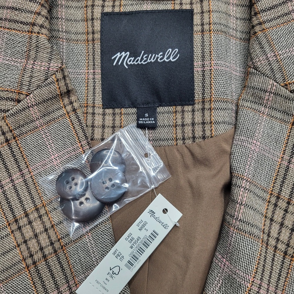 Madewell Caldwell Double Breasted Blazer Jacket Tartan Plaid Tan Oversized Small - Picture 7 of 8
